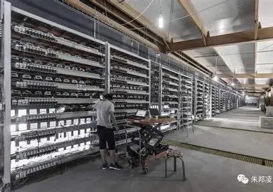 A large-scale Bitcoin mining farm with rows of mining rigs, showcasing the scale and intensity of the heat generated by these operations.