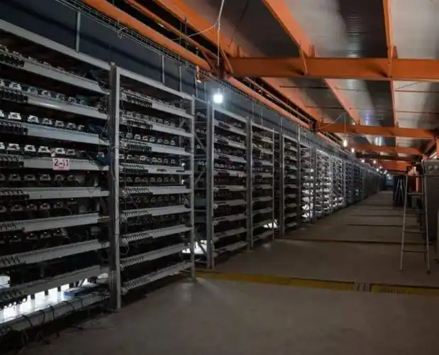 A bustling mining farm with multiple ASIC miners actively processing transactions